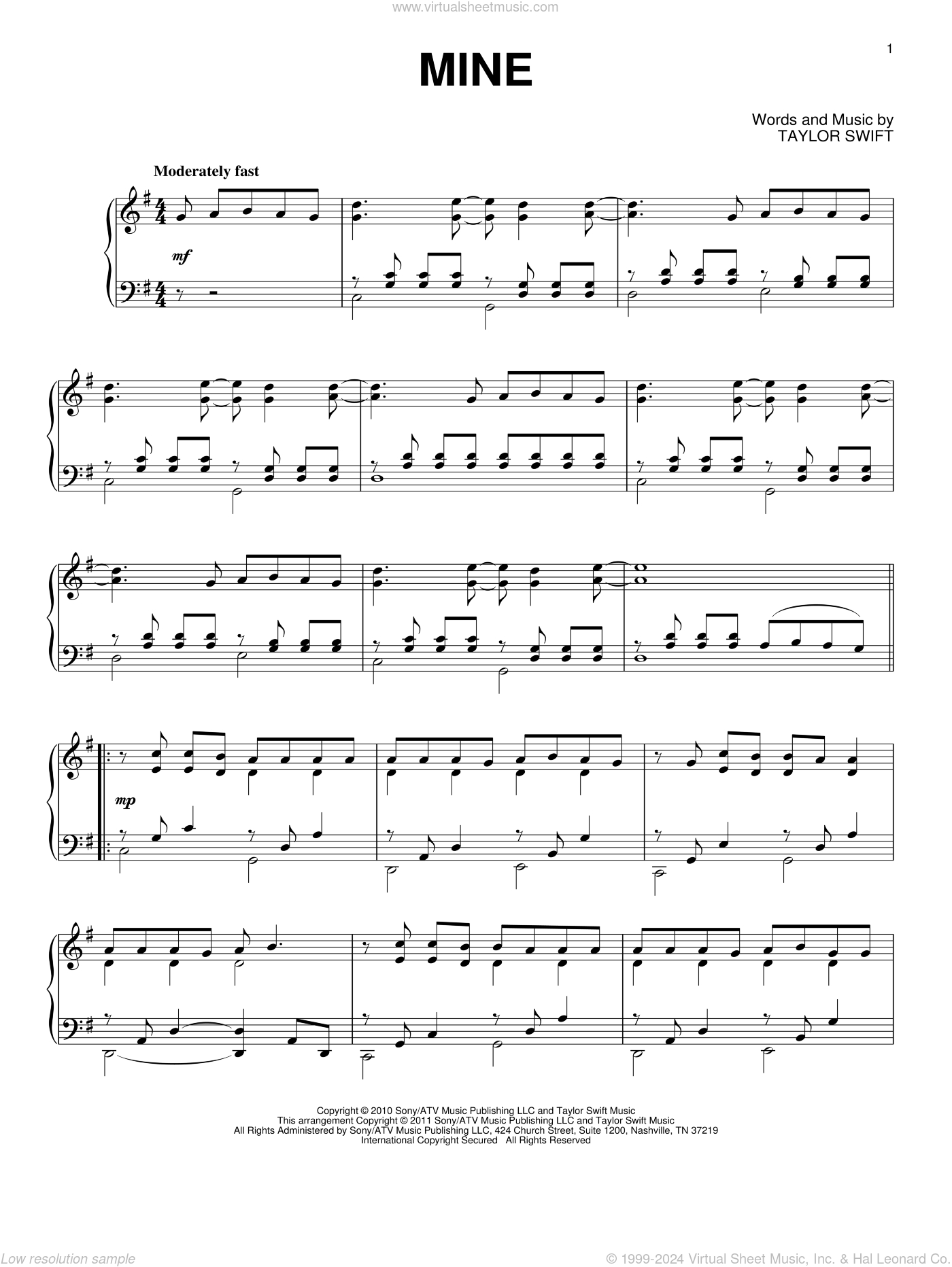 Mine, (Intermediate) Sheet Music For Piano Solo (Pdf-Interactive) inside Taylor Swift Mine Piano Sheet Music Free Printable