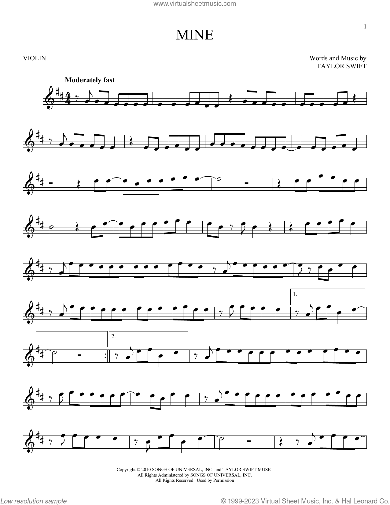 Mine Sheet Music For Violin Solo (Pdf-Interactive) inside Taylor Swift Mine Piano Sheet Music Free Printable