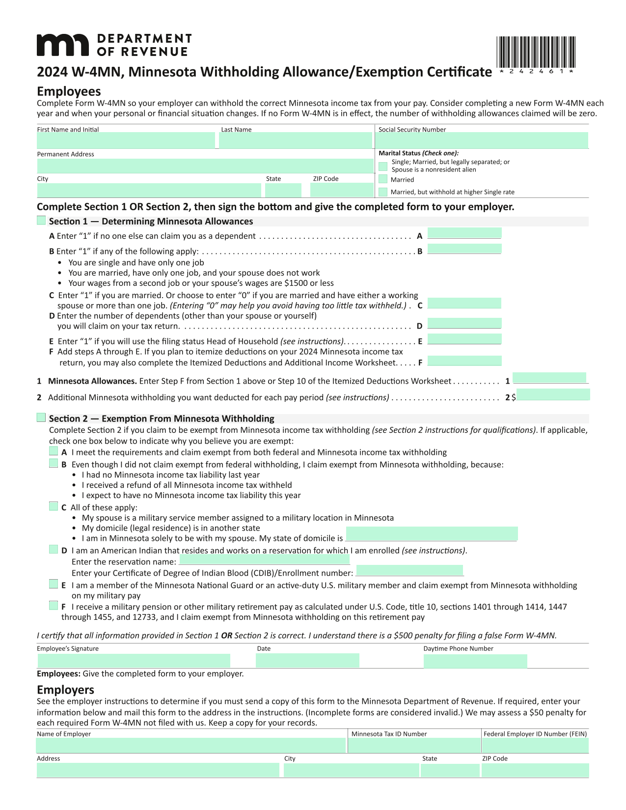 Minnesota W4 with regard to Free Printable W 4 Form