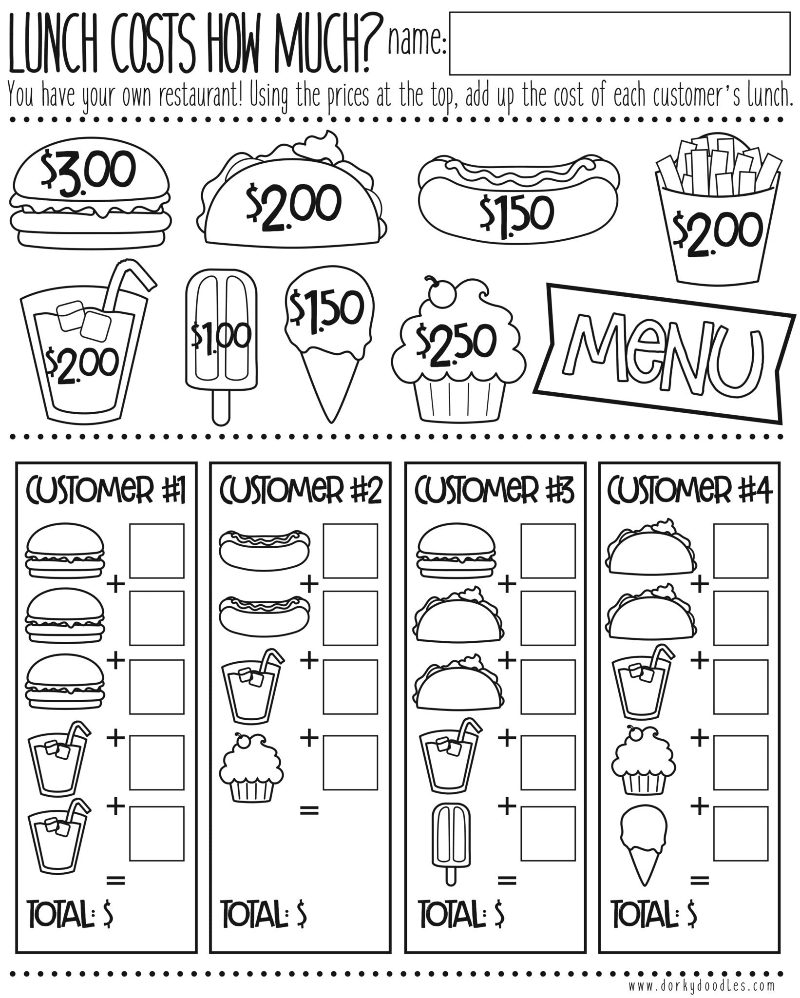 Money Math Practice - How Much Does Lunch Cost? – Dorky Doodles with Free Printable Menu Math Worksheets