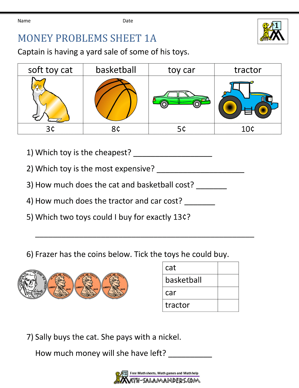 Money Problem Solving Kindergarten Worksheet Free Printable for Free Printable Money Word Problems Worksheets