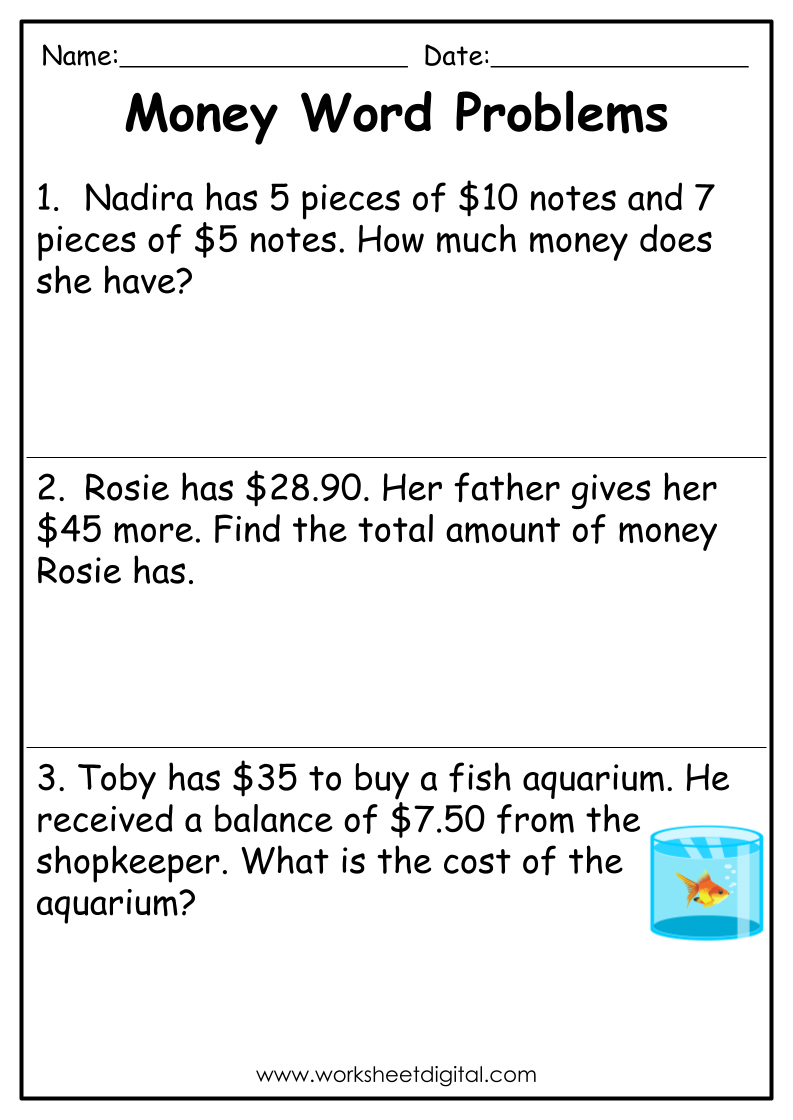 Money Word Problems Grade 2 | Worksheet Digital - Worksheets Library in Free Printable Money Word Problems Worksheets