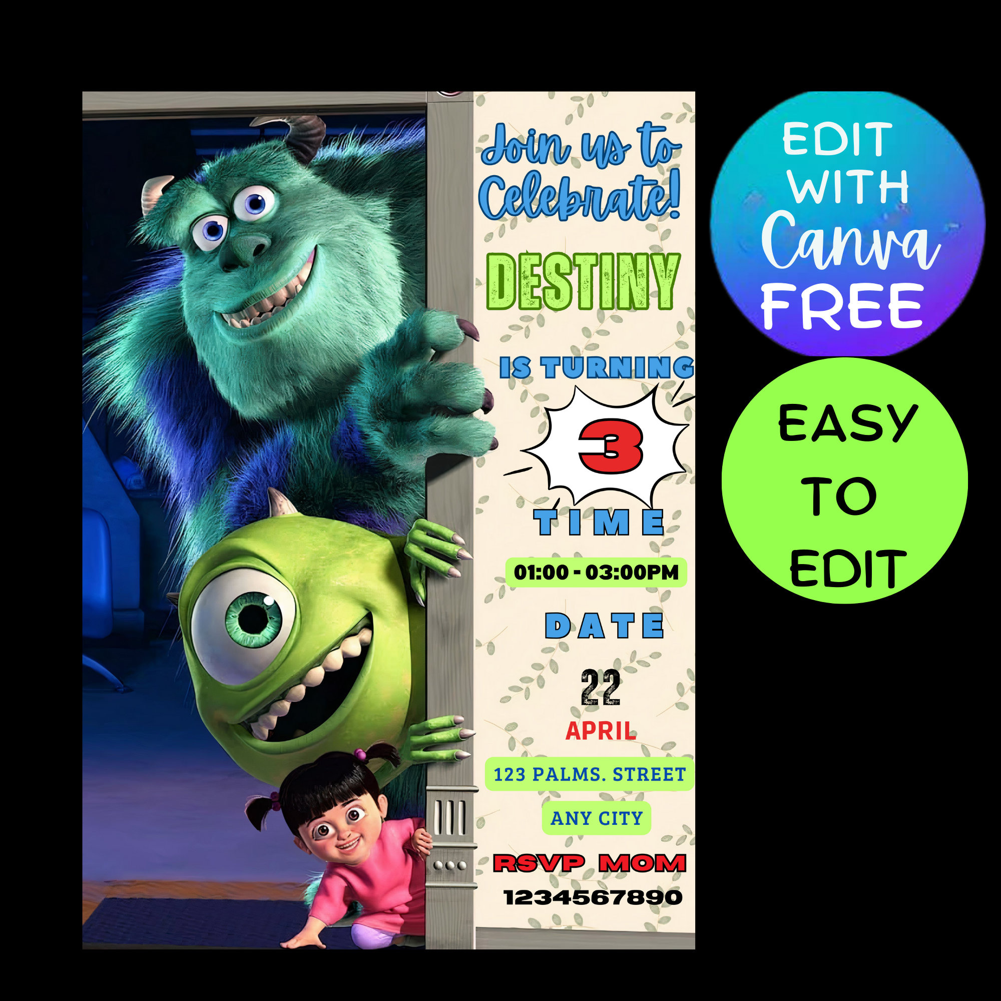 Monster Inc Birthday Invitation| Birthday Invite| Printable with Free Printable Monsters Inc Birthday Invitations