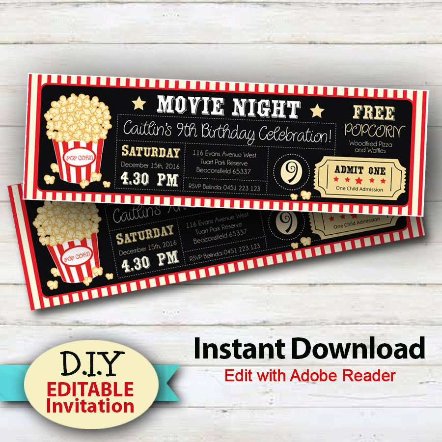 Movie Ticket Birthday Invitation Editable Template, Blue Cinema for Free Printable Movie Ticket Birthday Party Invitations