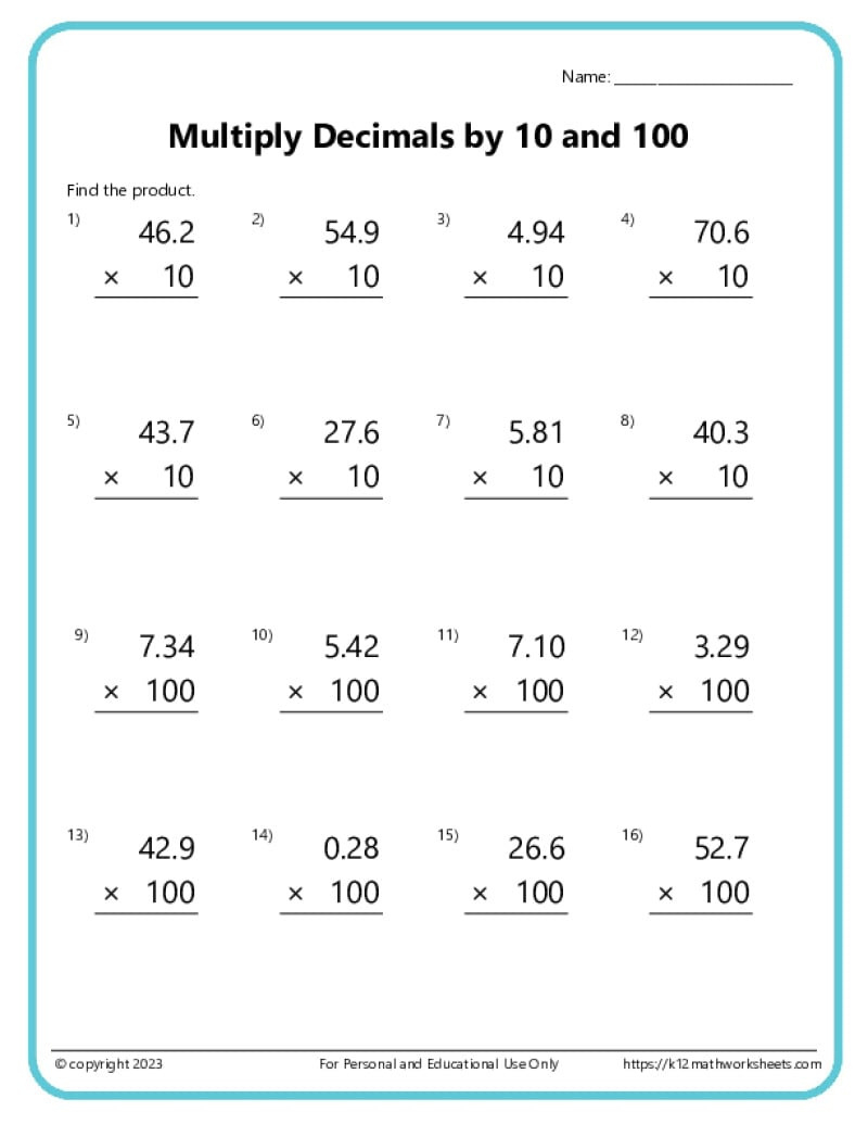Multiplying Decimals Worksheets in Free Printable Multiplying Decimals Worksheets