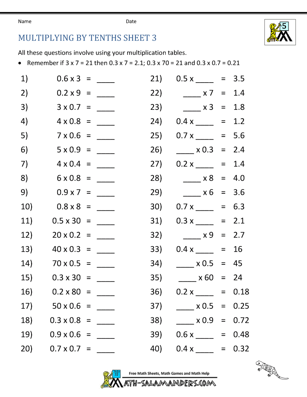 Multiplying Decimalswhole Numbers regarding Free Printable Multiplying Decimals Worksheets