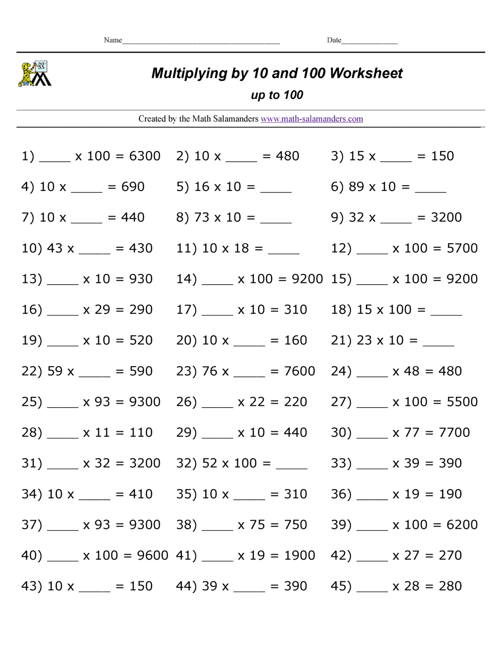 Multiplying10 And 100 Worksheets for Free Printable Multiplication Worksheets 100 Problems