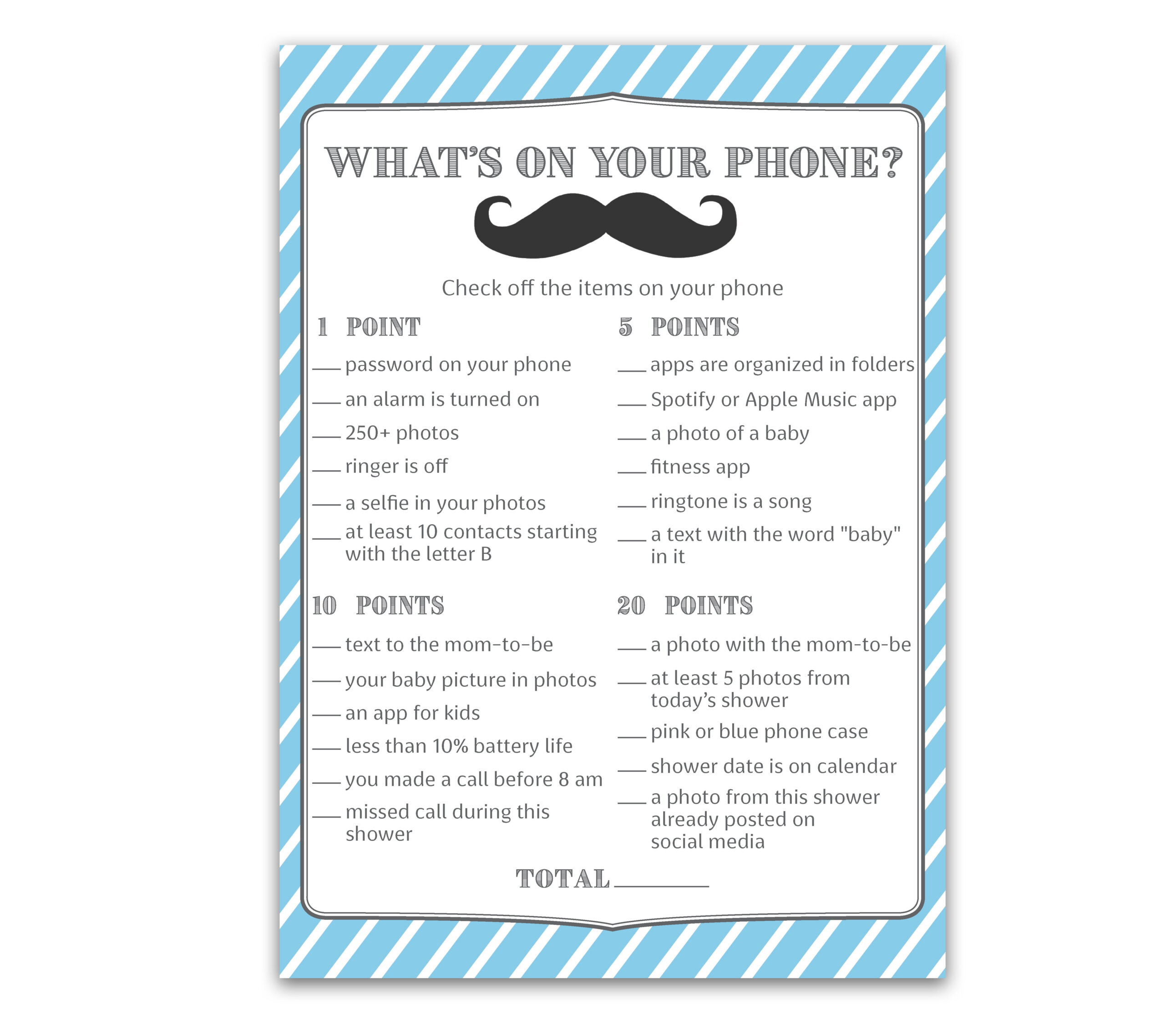 Mustache What'S On Your Phone Baby Shower Game — Pack Of 25 — Blue throughout Mustache Baby Shower Games Free Printables