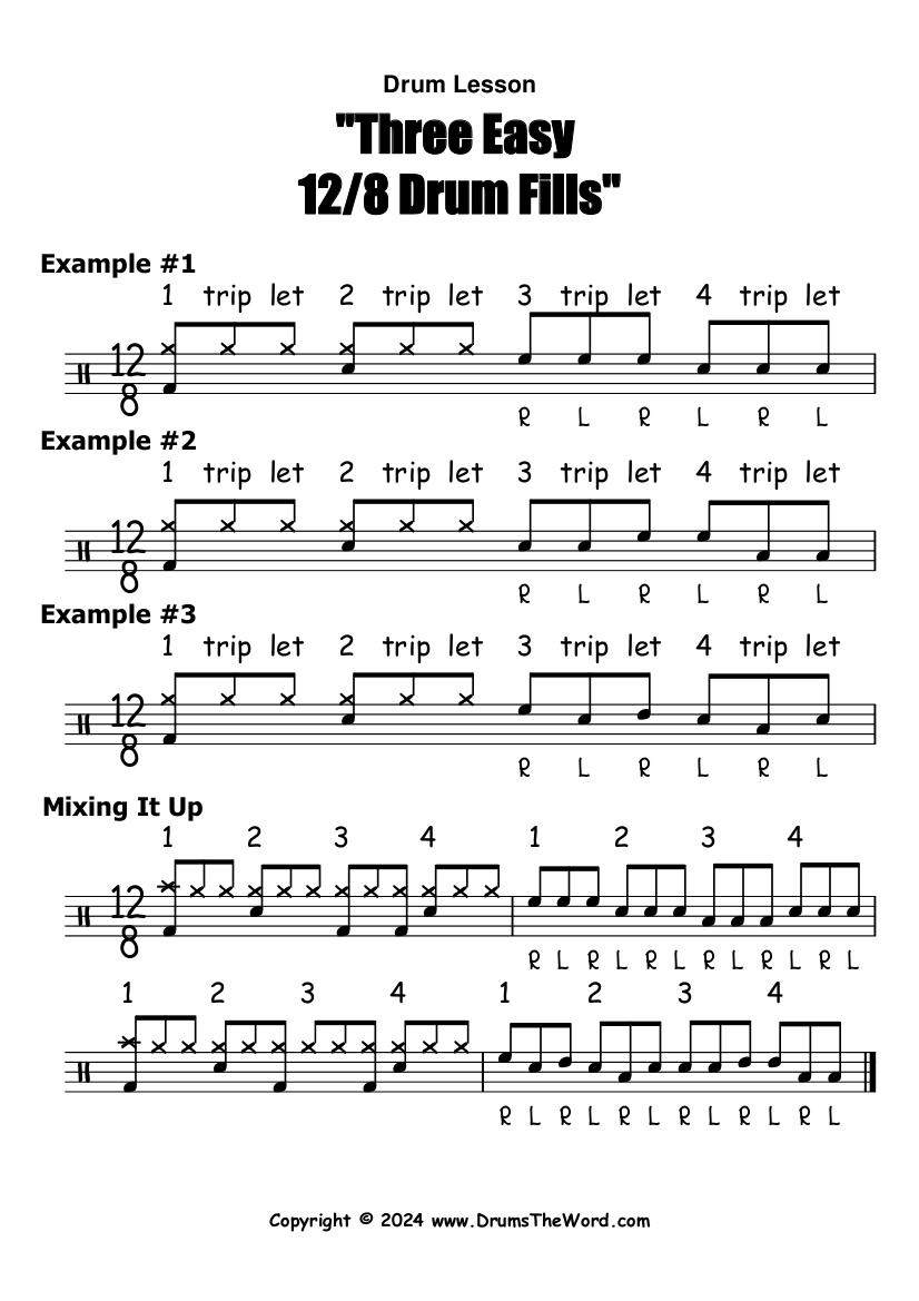 New Free Sheet Music Showing You Three Easy 12/8 Drum Fills For inside Free Printable Drum Sheet Music