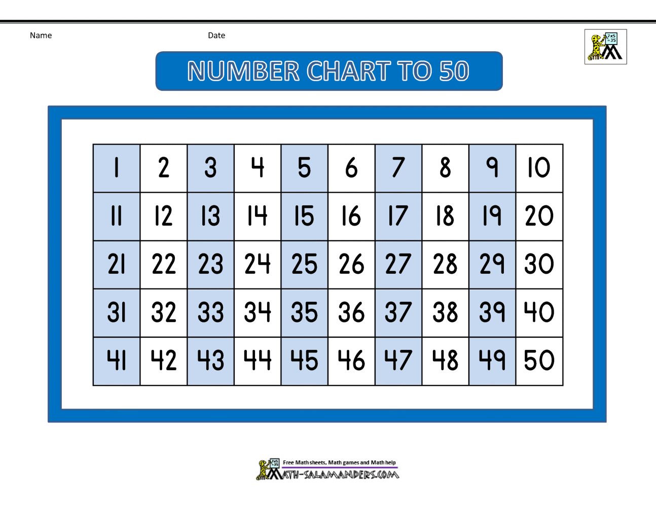 Number Chart To 50 intended for Free Printable Number Chart 1 50