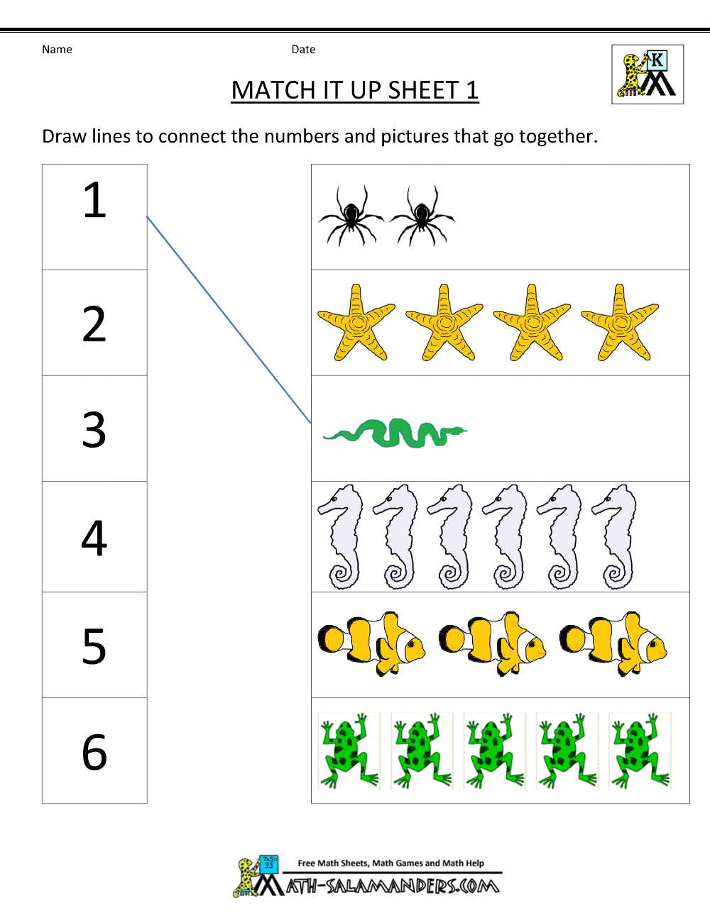 Number Matching Worksheets 1-10 regarding Free Printable Math Worksheets For Kids