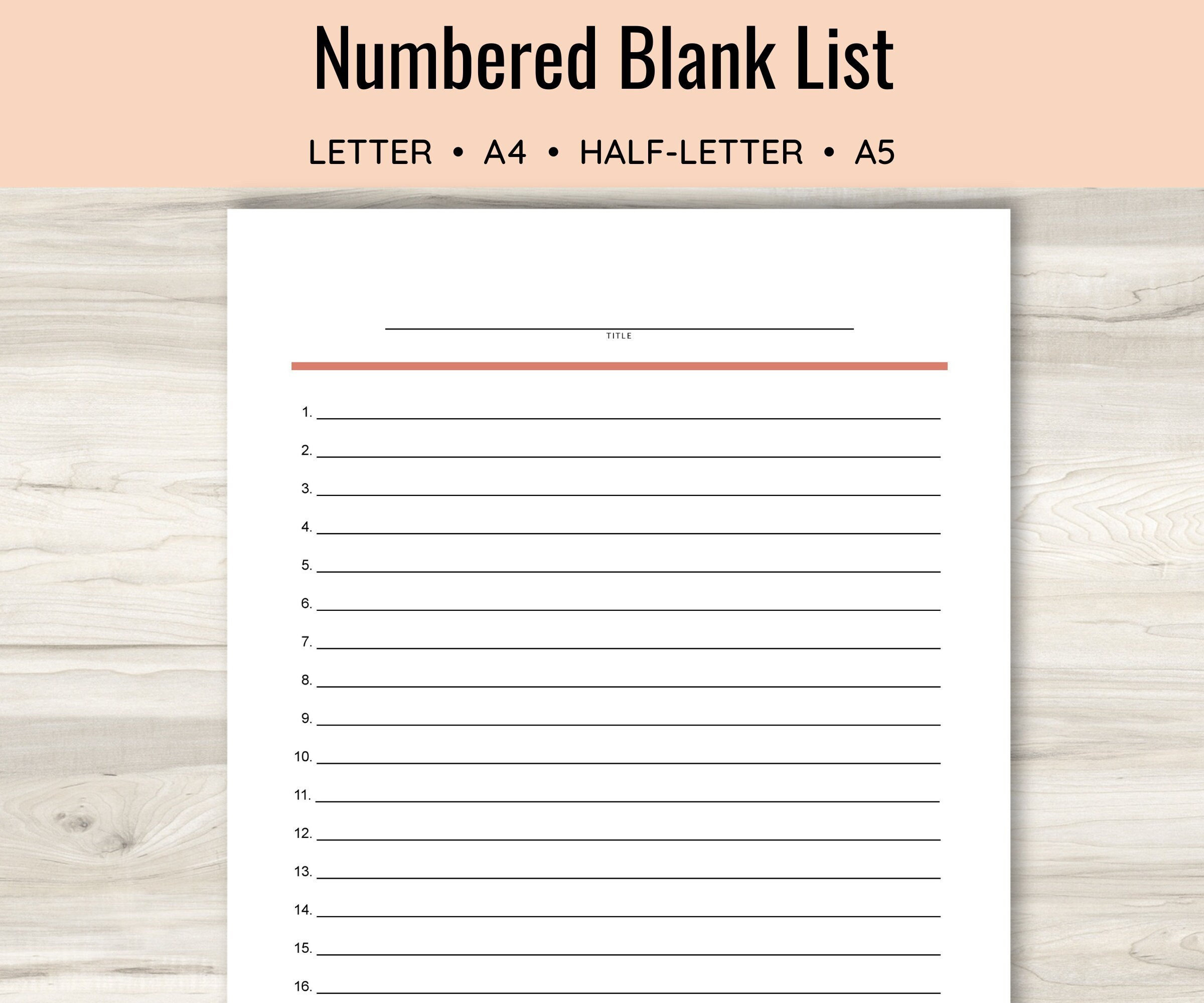 Numbered Blank List, Simple List Template, Printable List, Lined in Free Printable Numbered List