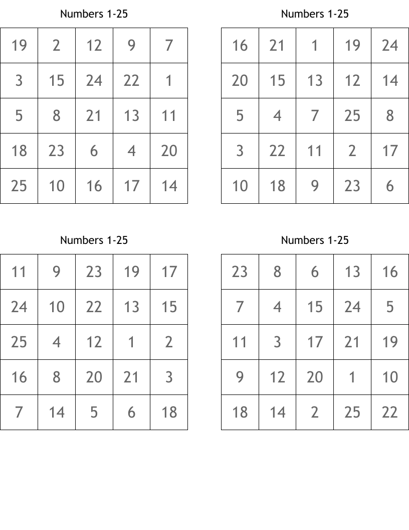 Numbers 1-25 Bingo Cards - Wordmint with Free Printable Bingo Cards Random Numbers