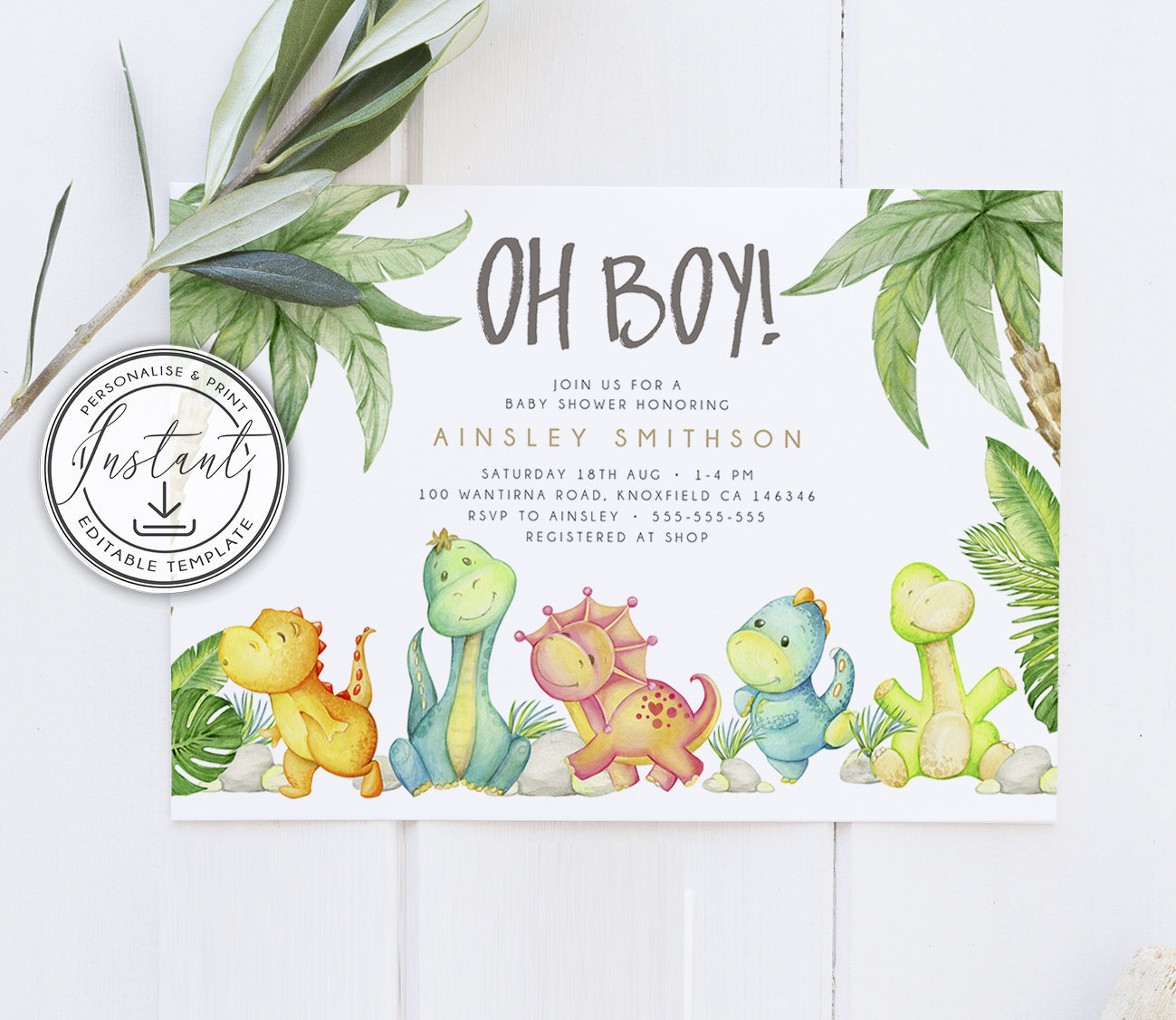 Oh Boy Dinosaur Baby Shower Invitation Editable Template, Instant pertaining to Free Printable Dinosaur Baby Shower Invitations