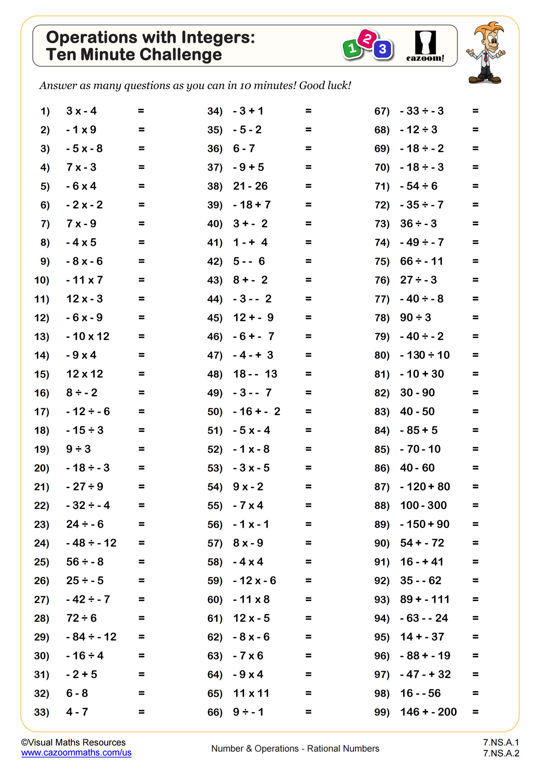Operations With Integers Ten Minute Challenge Worksheet | Pdf in Free Printable Integer Worksheets Grade 7