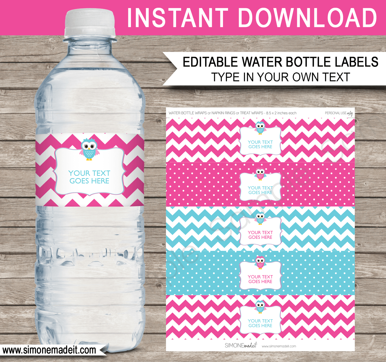 Owl Party Water Bottle Labels Template - Pink intended for Free Printable Water Bottle Labels For Baby Shower
