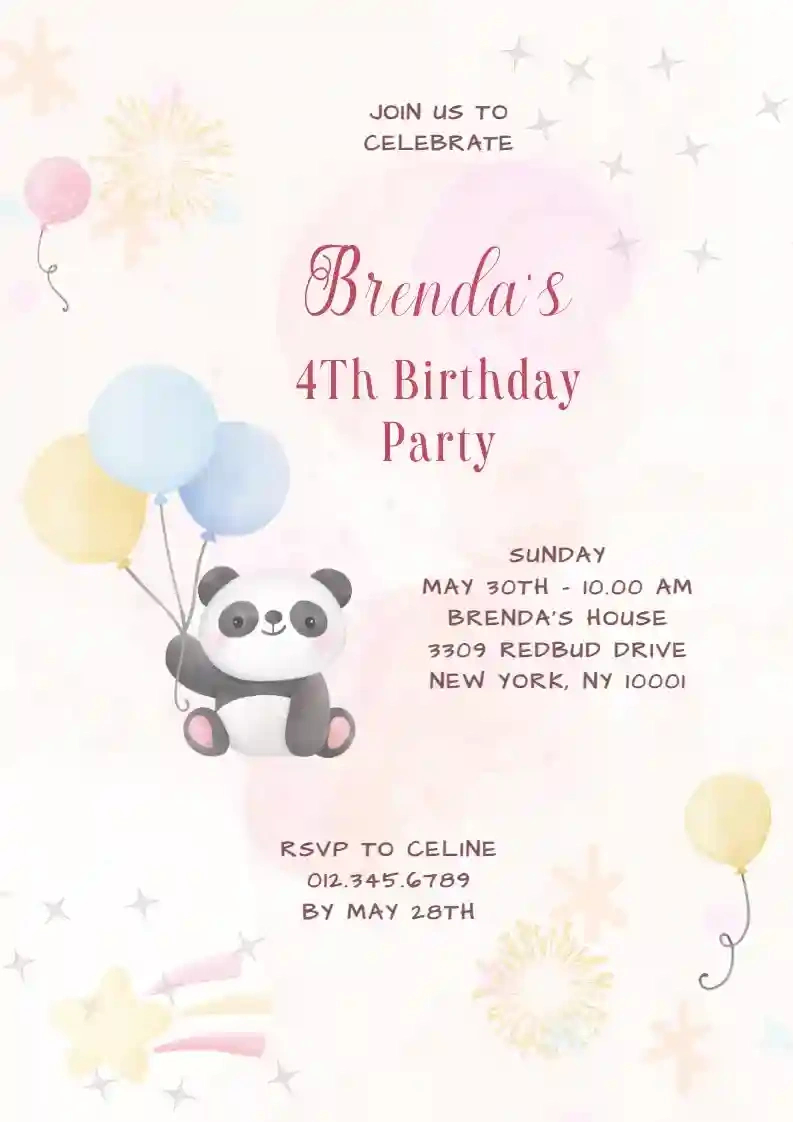 Panda With Balloon - Free Kids Birthday Invitation Templates throughout Panda Bear Invitations Free Printable