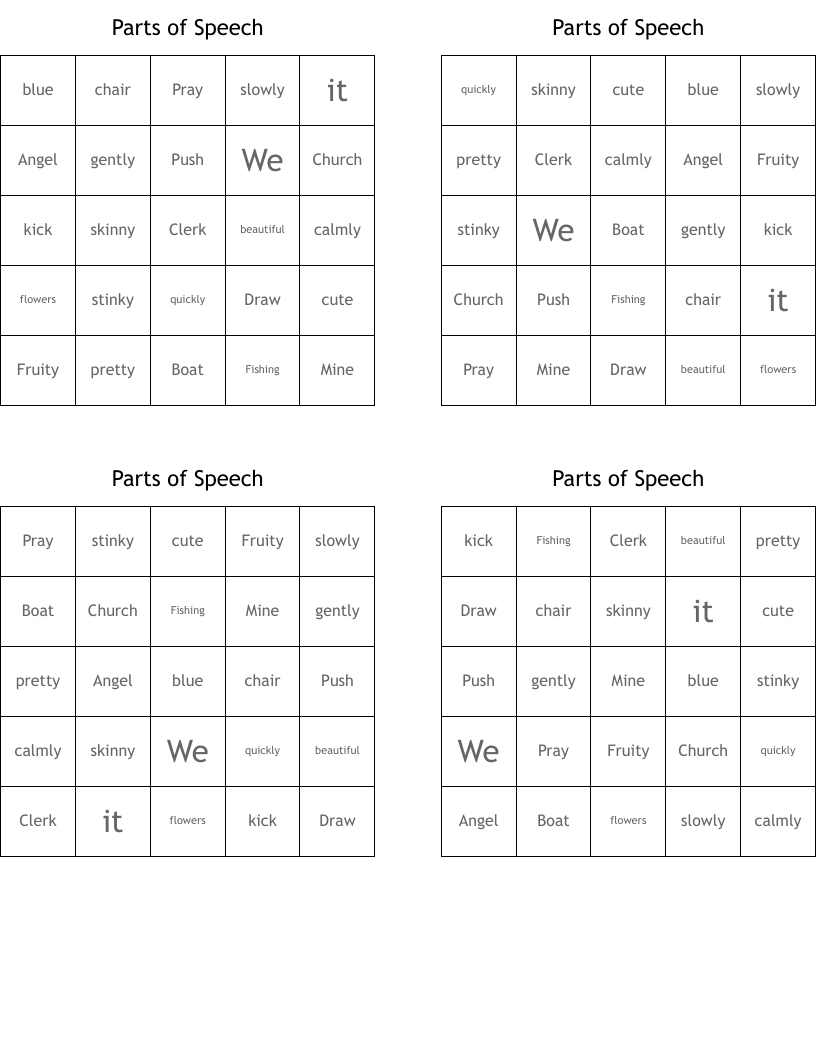 Parts Of Speech Bingo Cards - Wordmint throughout Free Printable Parts Of Speech Bingo
