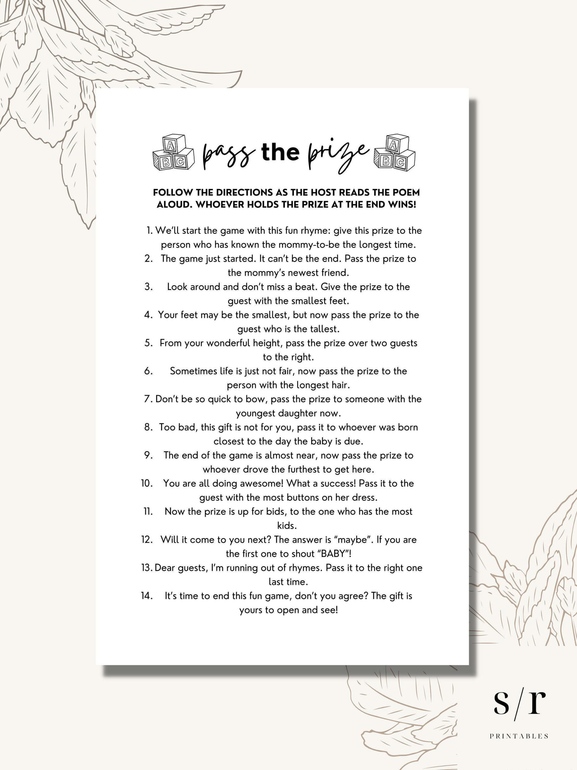 Pass The Prize Poem Game, Printable Baby Shower Games, Minimalist for Pass The Prize Baby Shower Game Free Printable