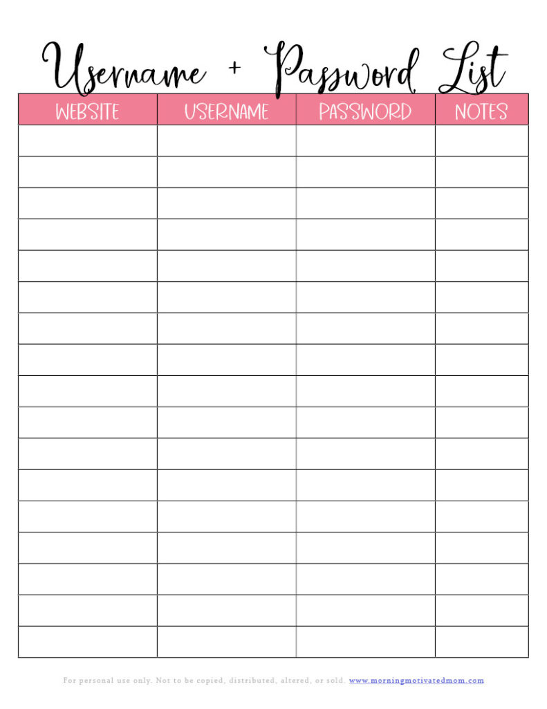 Password Keeper Printable – Morning Motivated Mom inside Free Printable Password List