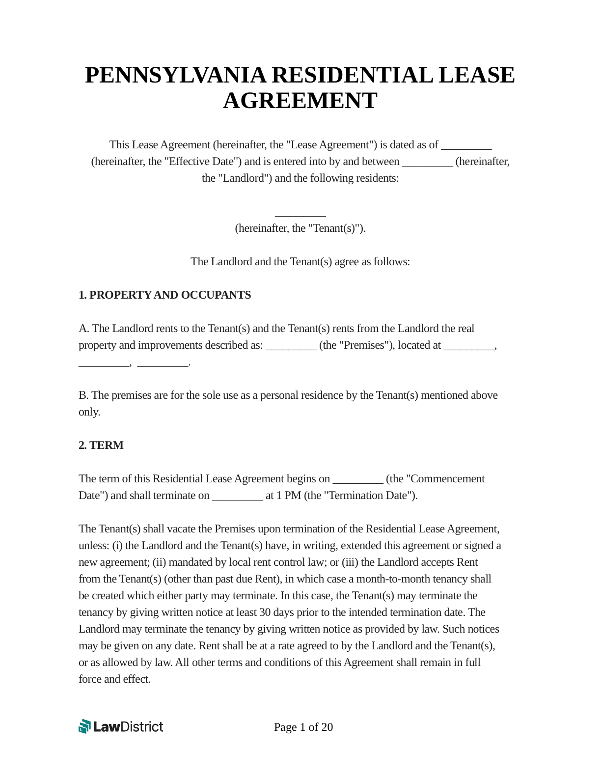 Pennsylvania Lease Agreement | Pdf Form | Lawdistrict with regard to Free Printable Lease Agreement Pa