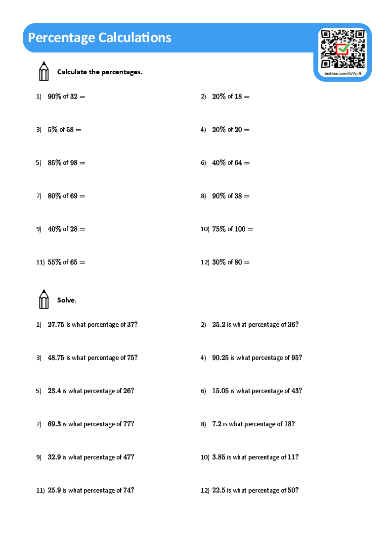 Percentage Calculations Worksheets pertaining to Free Printable Asvab Math Practice Test