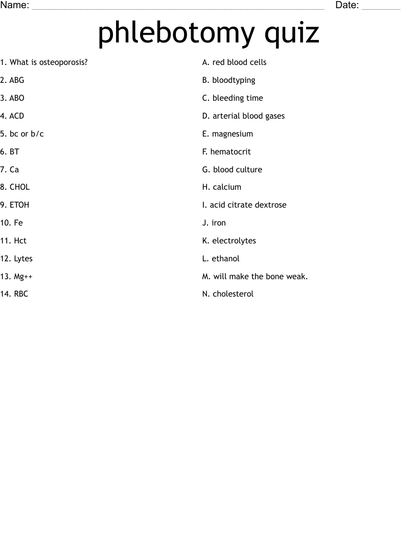 Phlebotomy Assessment/Quiz (Blood, Health Sciences, Medical pertaining to Free Printable Phlebotomy Practice Test