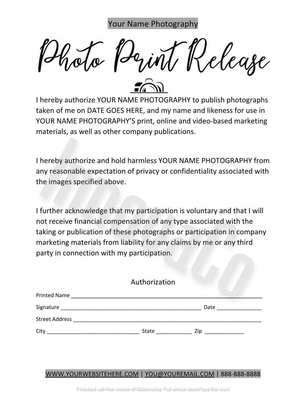 Photo Print Release Template, Photo Print Release Form for Free Printable Print Release Form