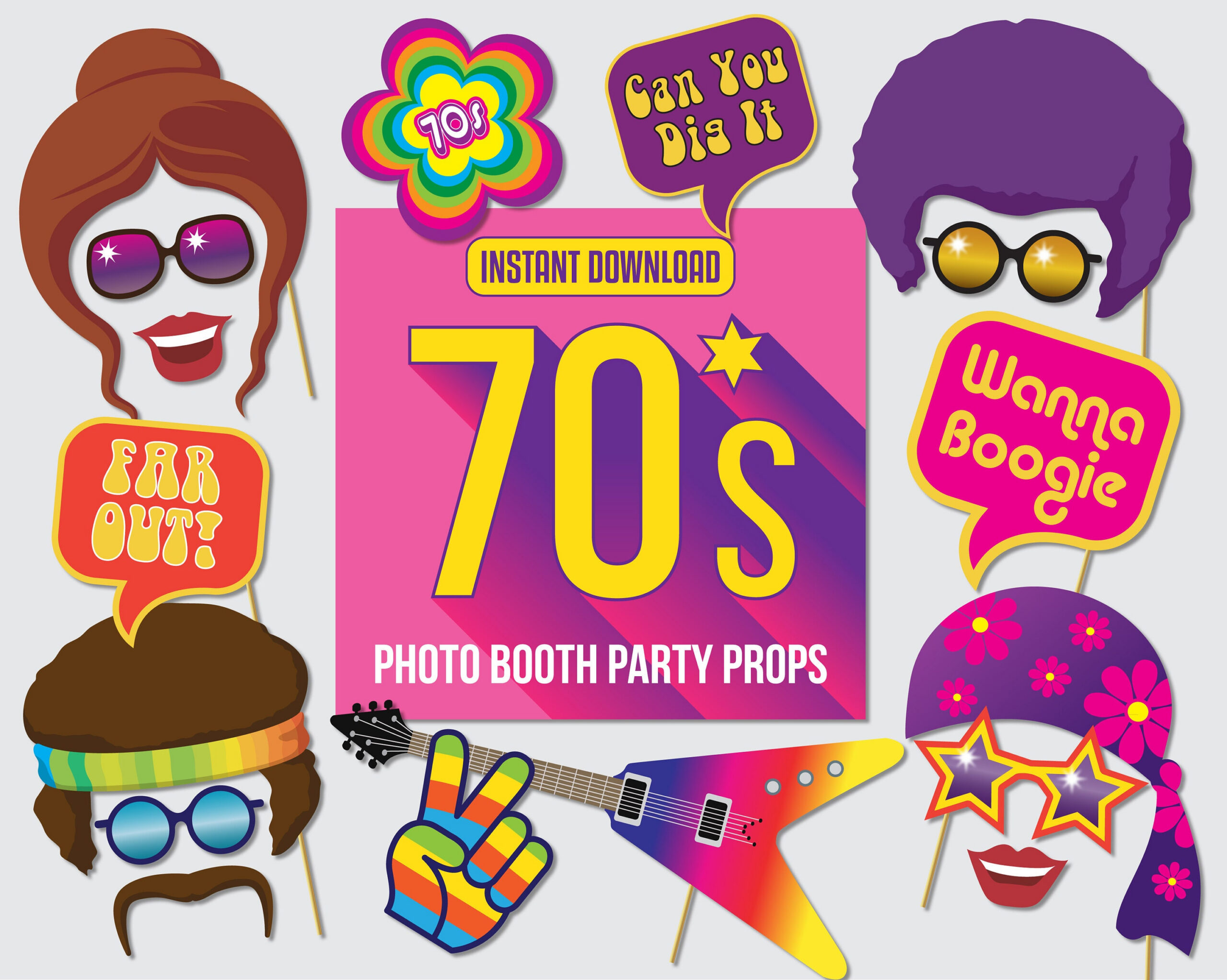 Photo Props - Printable Party Props - 1970S Photo Booth Party with regard to Free Printable 70'S Photo Booth Props