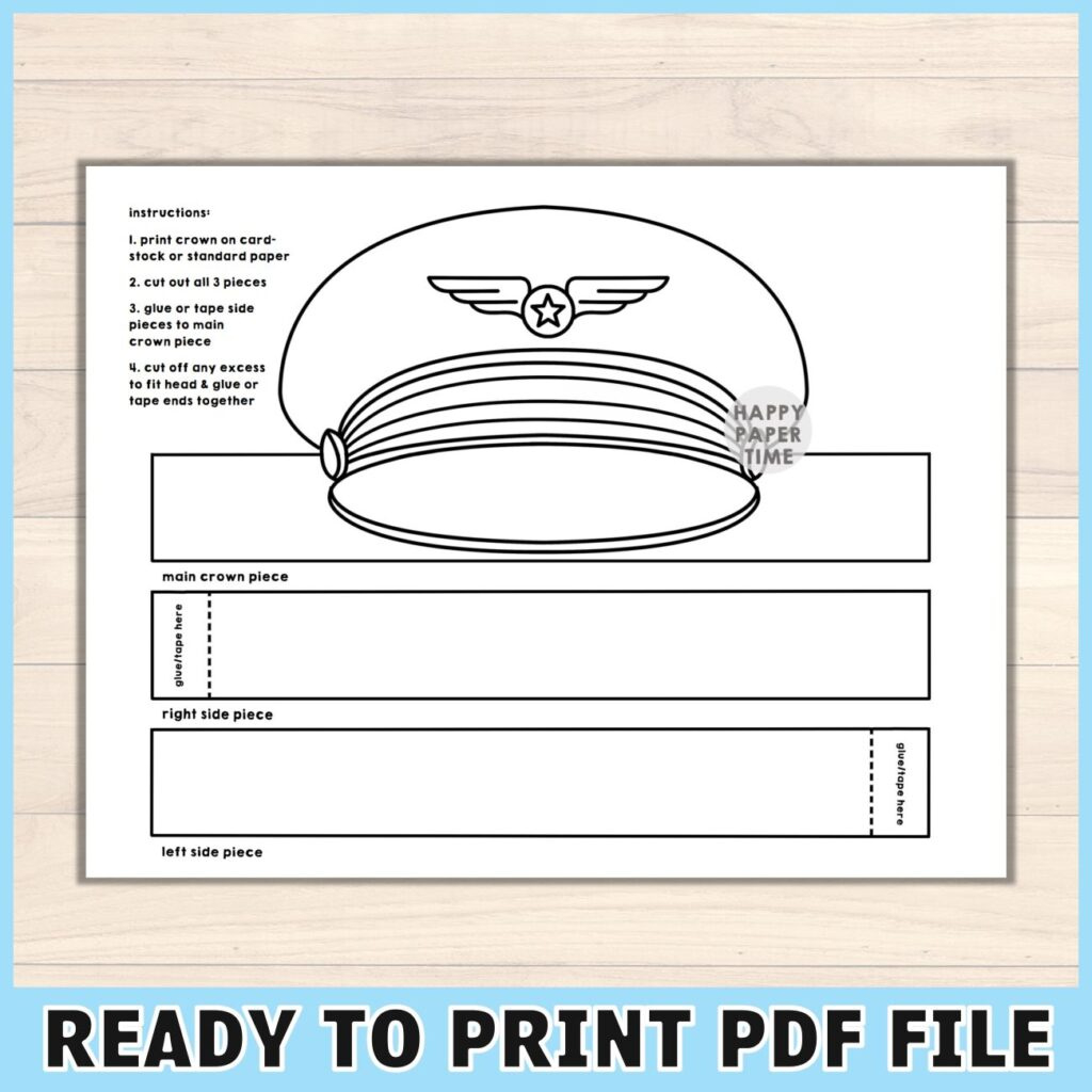 Pilot Cap Paper Crown (B&amp;amp;W) – Happy Paper Time for Free Printable Pilot Hat Template