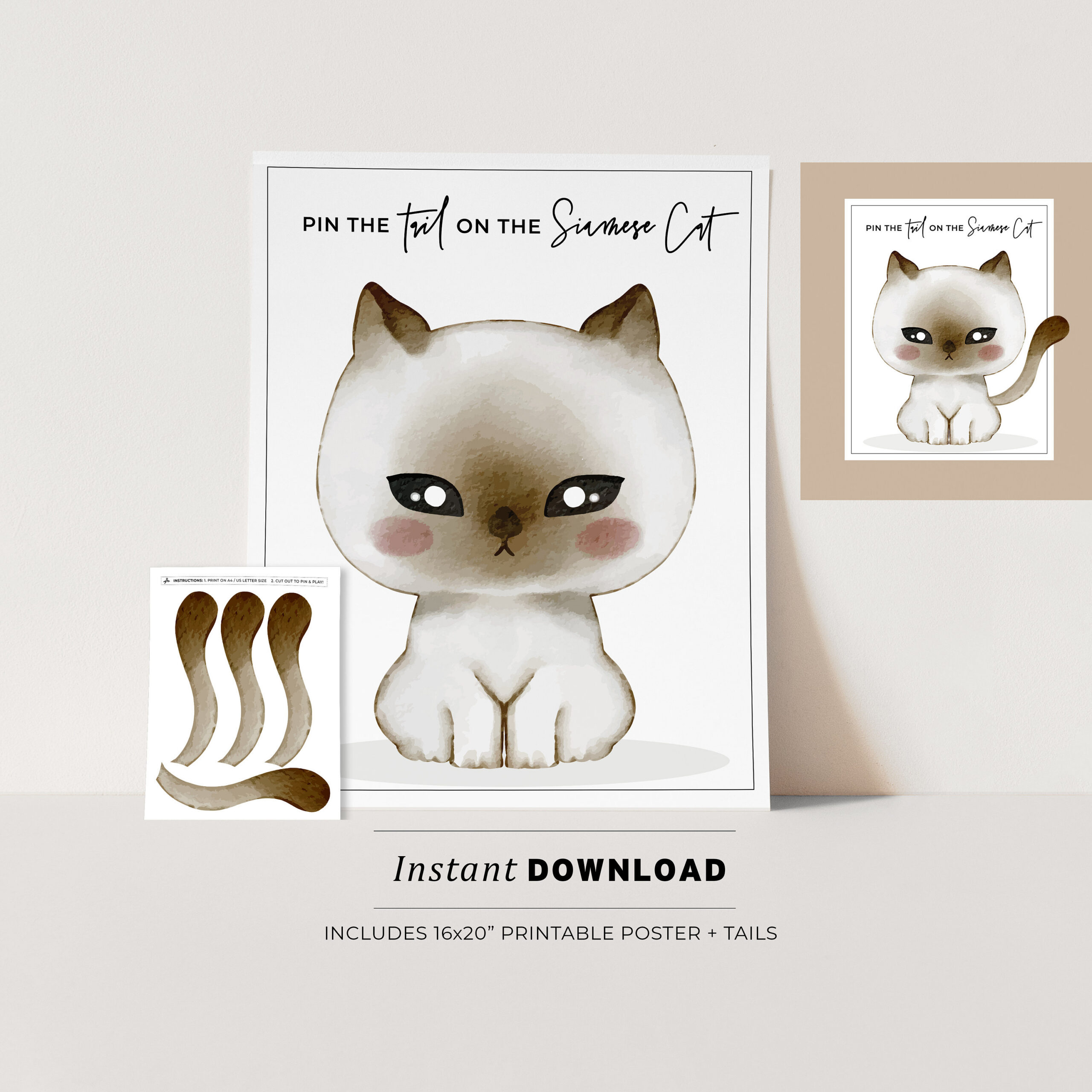 Pin The Tail On The Siamese Cat Kids Party Game Printable Poster pertaining to Free Printable Pin The Tail On The Cat