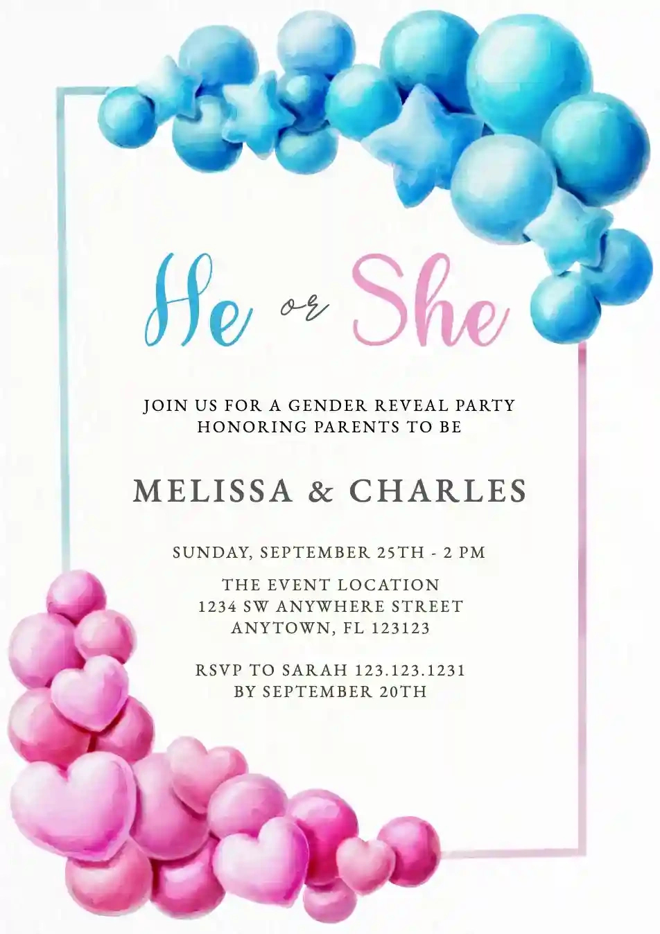 Pink And Blue Balloon Frame - Free Gender Reveal Invitation within Free Printable Gender Reveal Templates