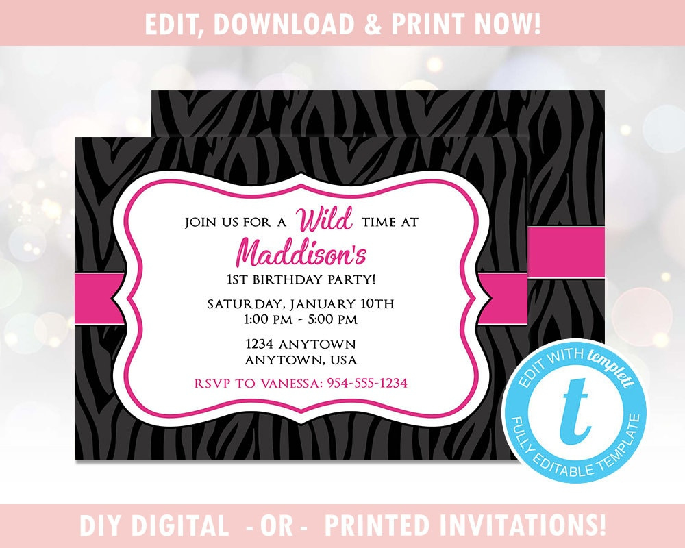 Pink Zebra Birthday Party Invitation (Digital - Diy) Instant throughout Zebra Print Party Invitations Printable Free