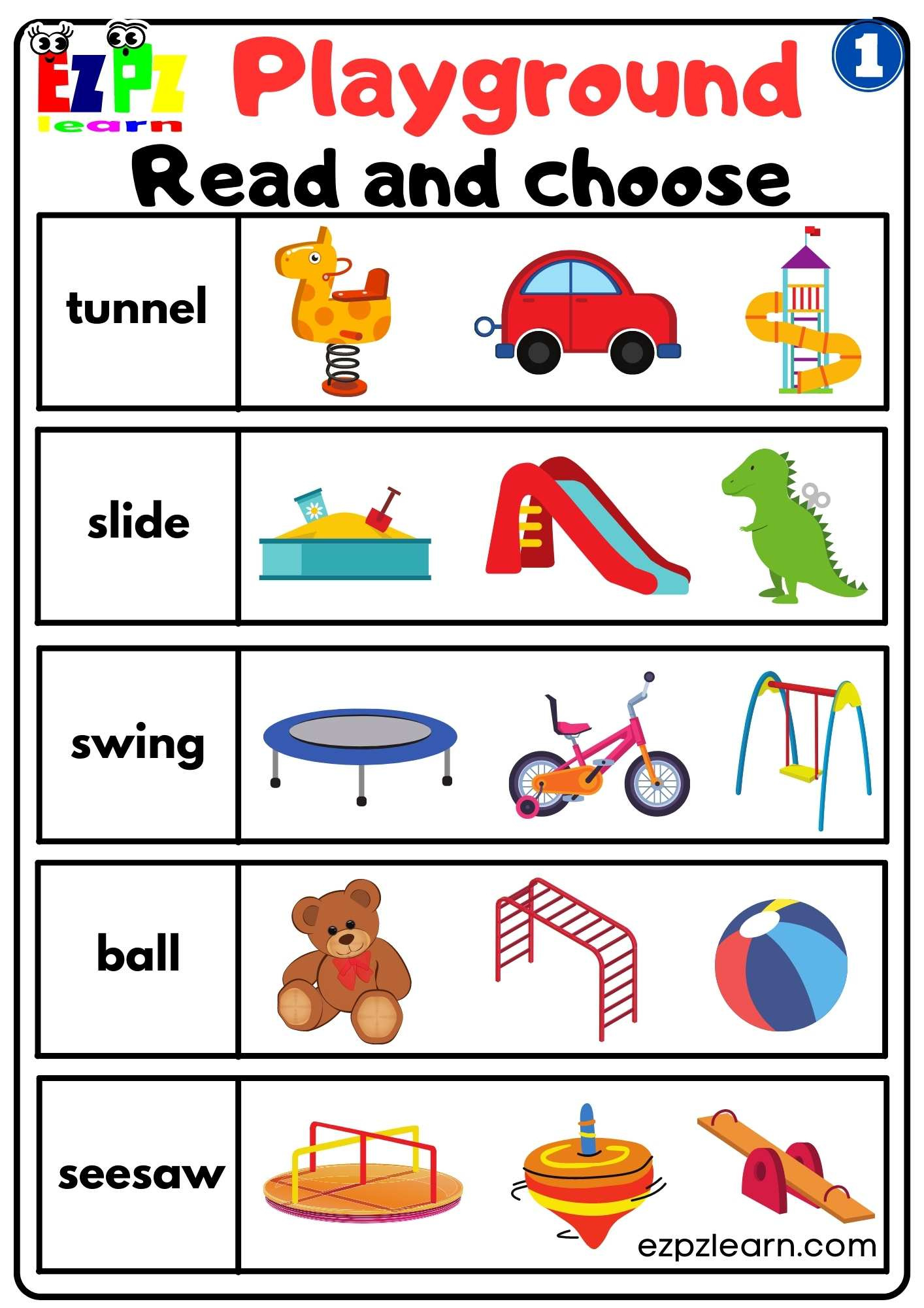 Playground 1 Read And Choose Worksheet For Kindergarten And Esl with Free Printable Esl Resources