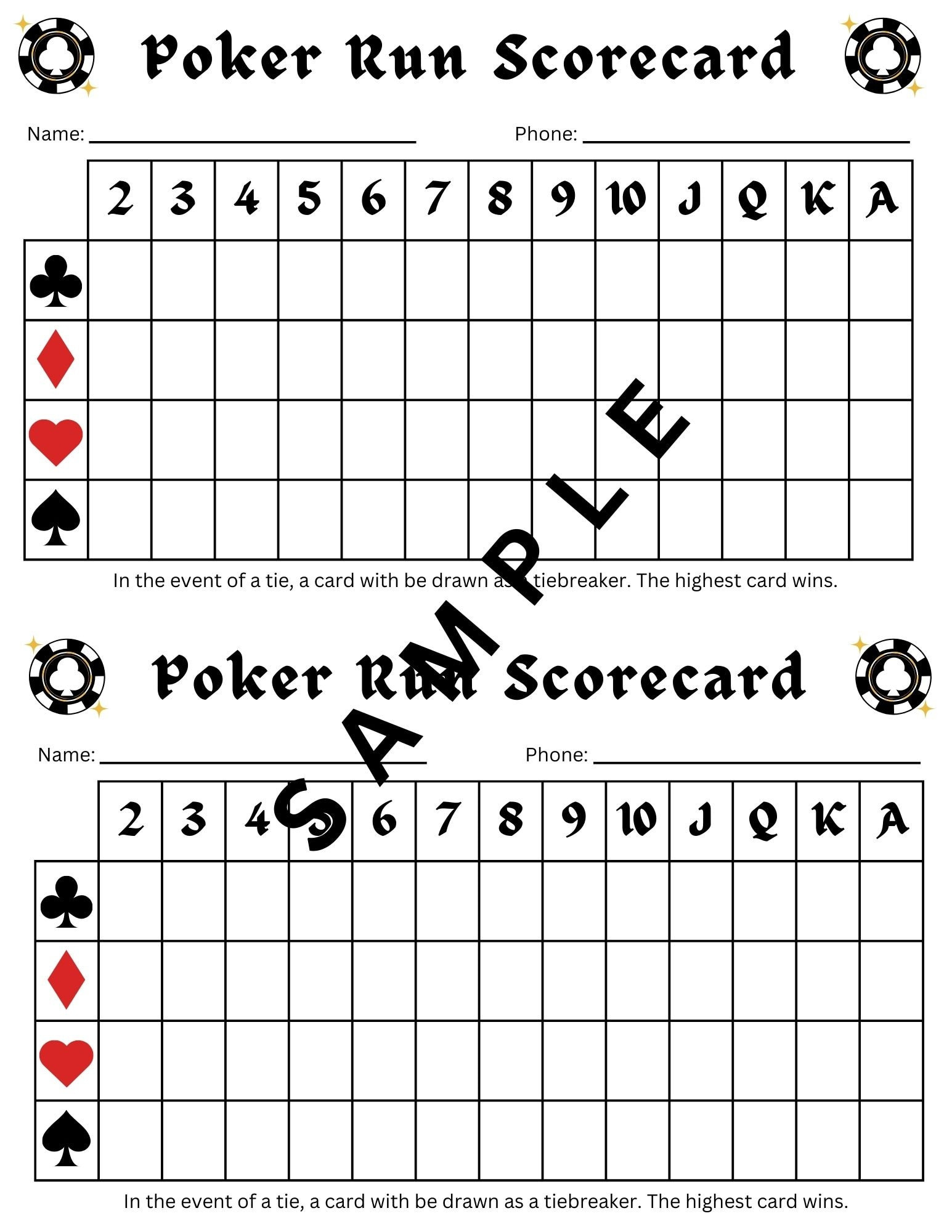 Poker Run Printable Scorecard, Poker Run Score Card, Poker Run with Free Printable Poker Run Sheets