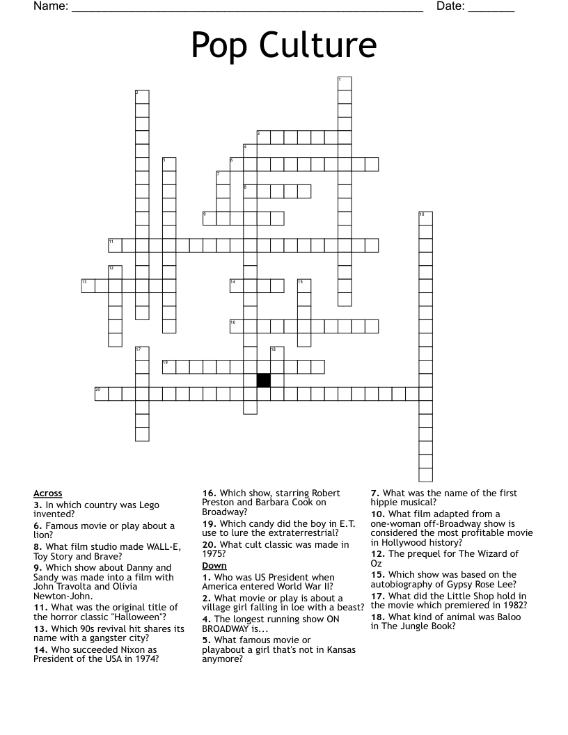 Pop Culture Crossword - Wordmint for Pop Culture Crossword Printable Free