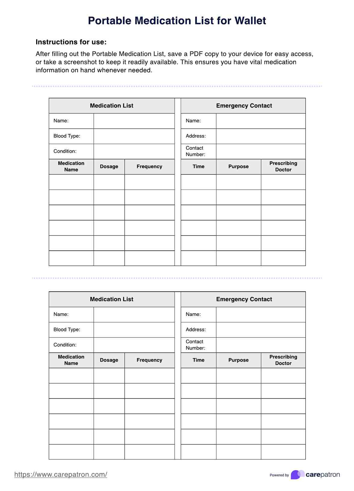 Portable Medication List for Free Printable Wallet Medication List Template