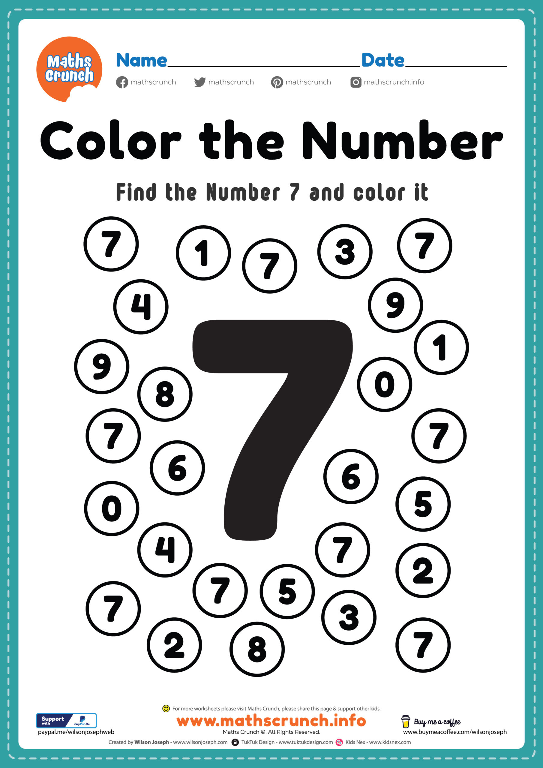 Pre K Math Worksheets, Number 7 Coloring, Free Printable Pdf inside Free Pre K Math Printables