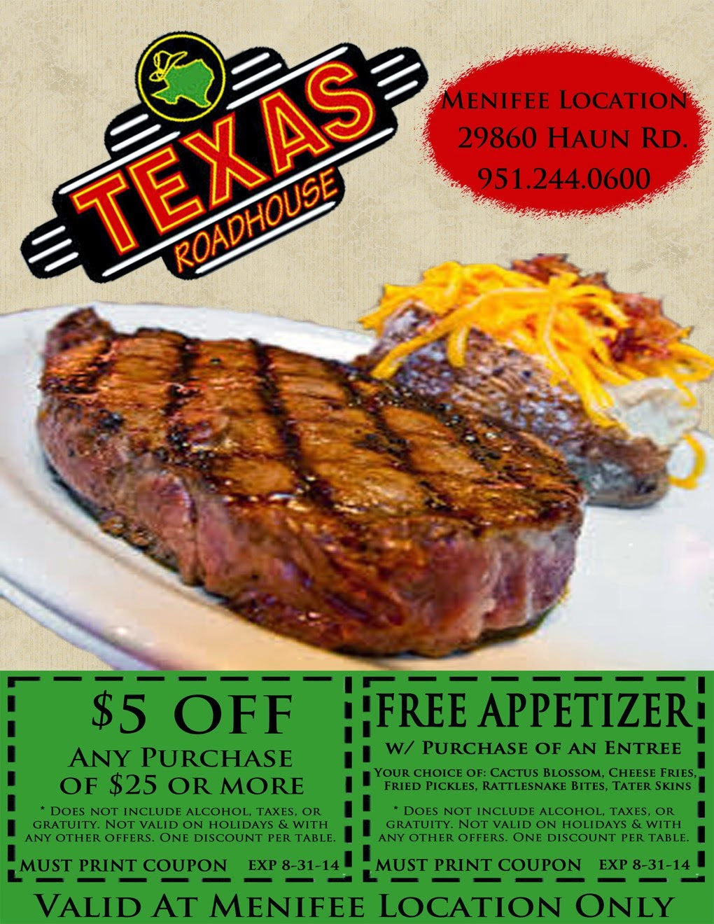Print, Take This Coupon To Texas Roadhouse For Discounts | Menifee with regard to Texas Roadhouse Free Appetizer Printable Coupon 2015