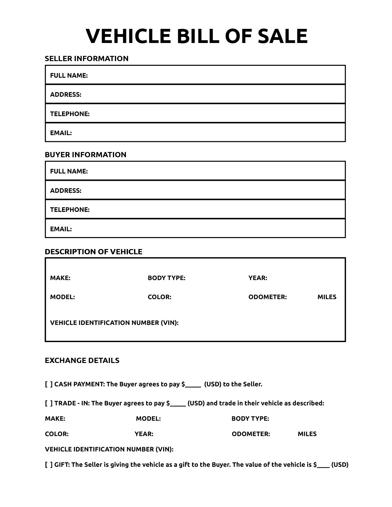 Printable Bill Of Sale For Vehicle - World Of Printables pertaining to Free Printable Blank Auto Bill Of Sale