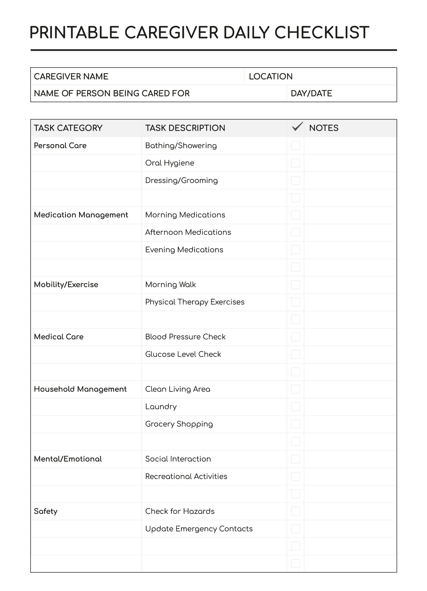 Printable Caregiver Daily Checklist Free Google Docs Template with Free Printable Caregiver Forms