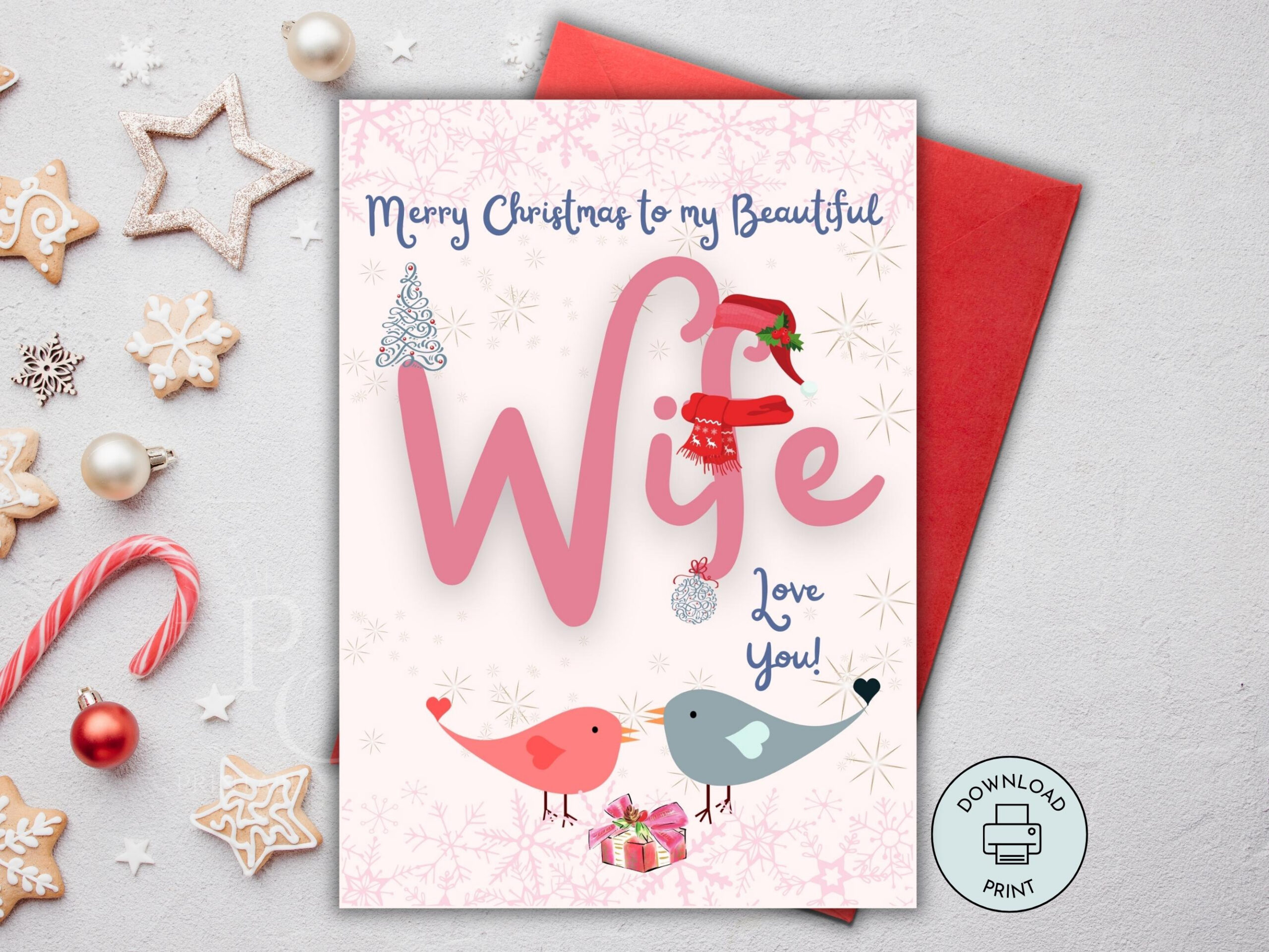Printable Christmas Card For Wife, Merry Christmas Wife Card, Xmas with Free Printable Romantic Christmas Cards
