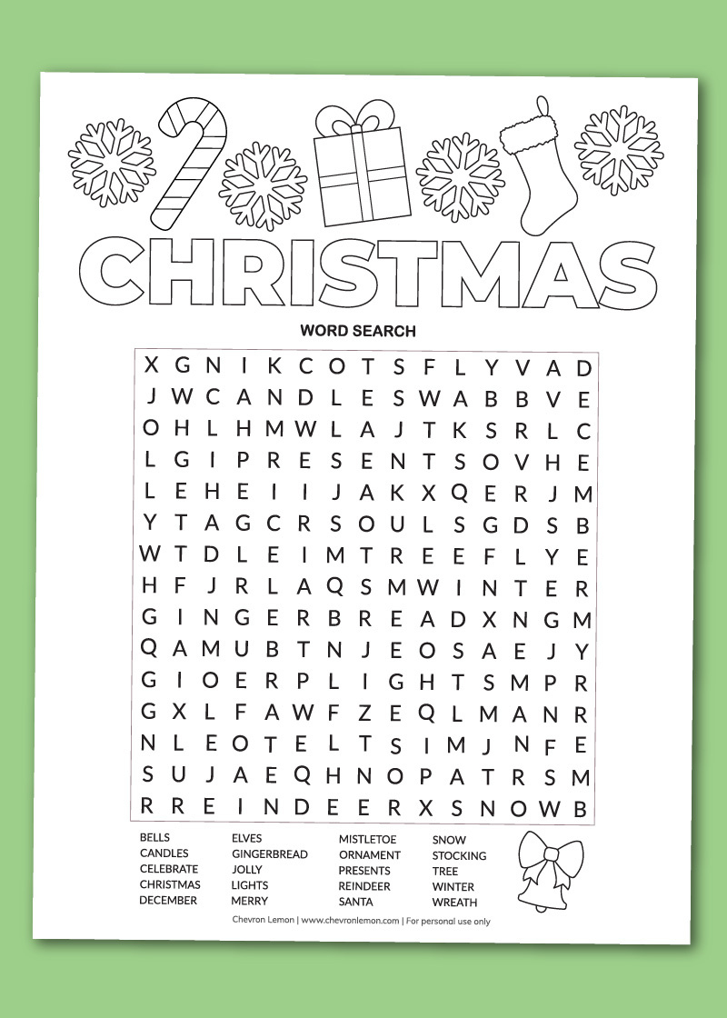 Printable Christmas Word Search - Chevron Lemon throughout Free Printable Christmas Puzzles Word Searches