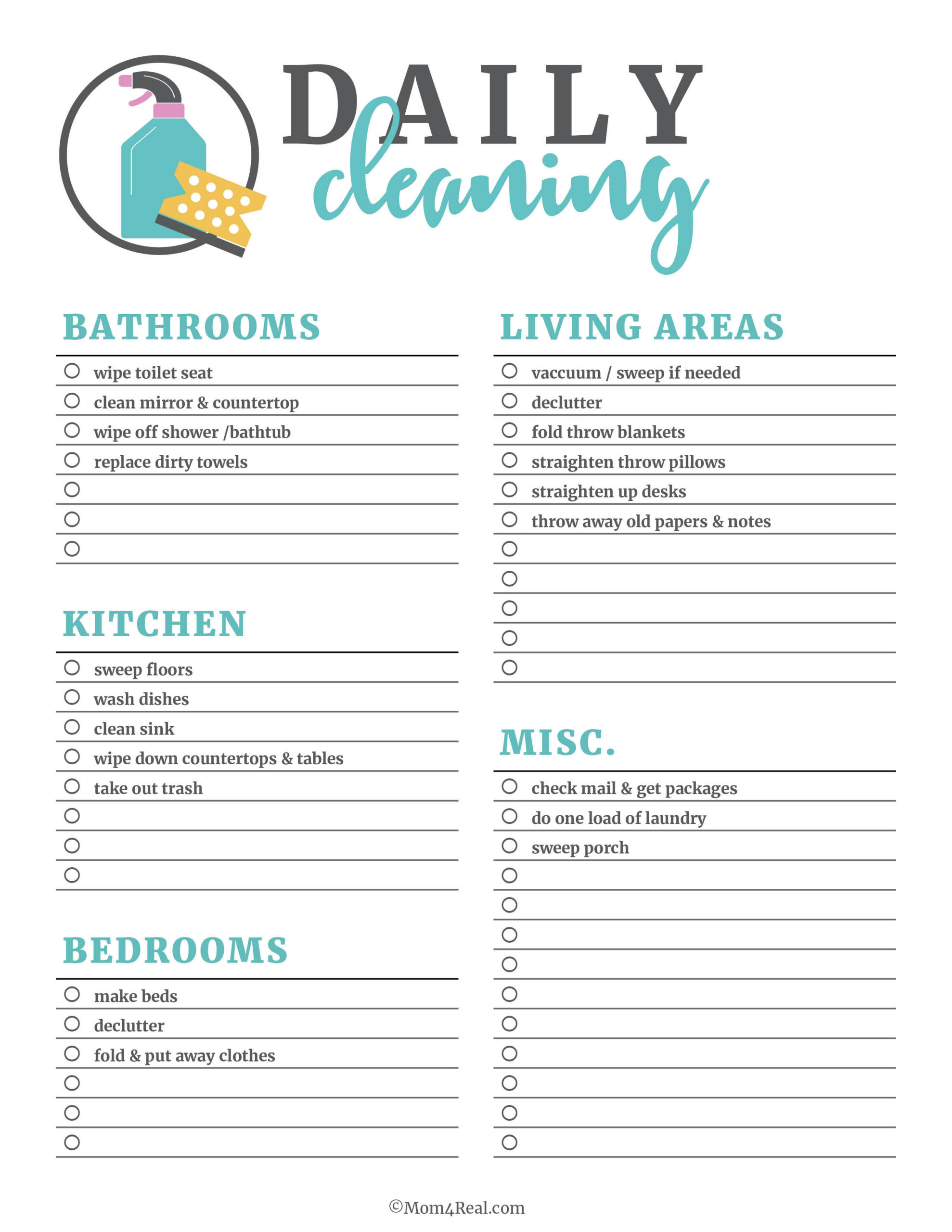 Printable Cleaning Checklists: Daily, Weekly & Monthly Tasks! pertaining to Free Printable Daily Cleaning Checklist