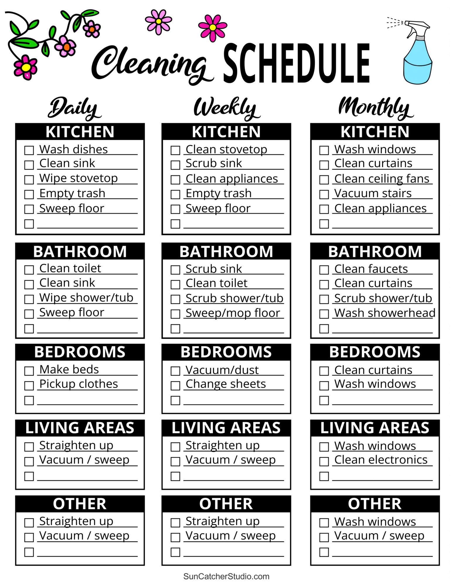 Printable Cleaning Schedule (Spring, Daily, &amp;amp; Weekly Checklists throughout Free Printable Cleaning Schedule Template