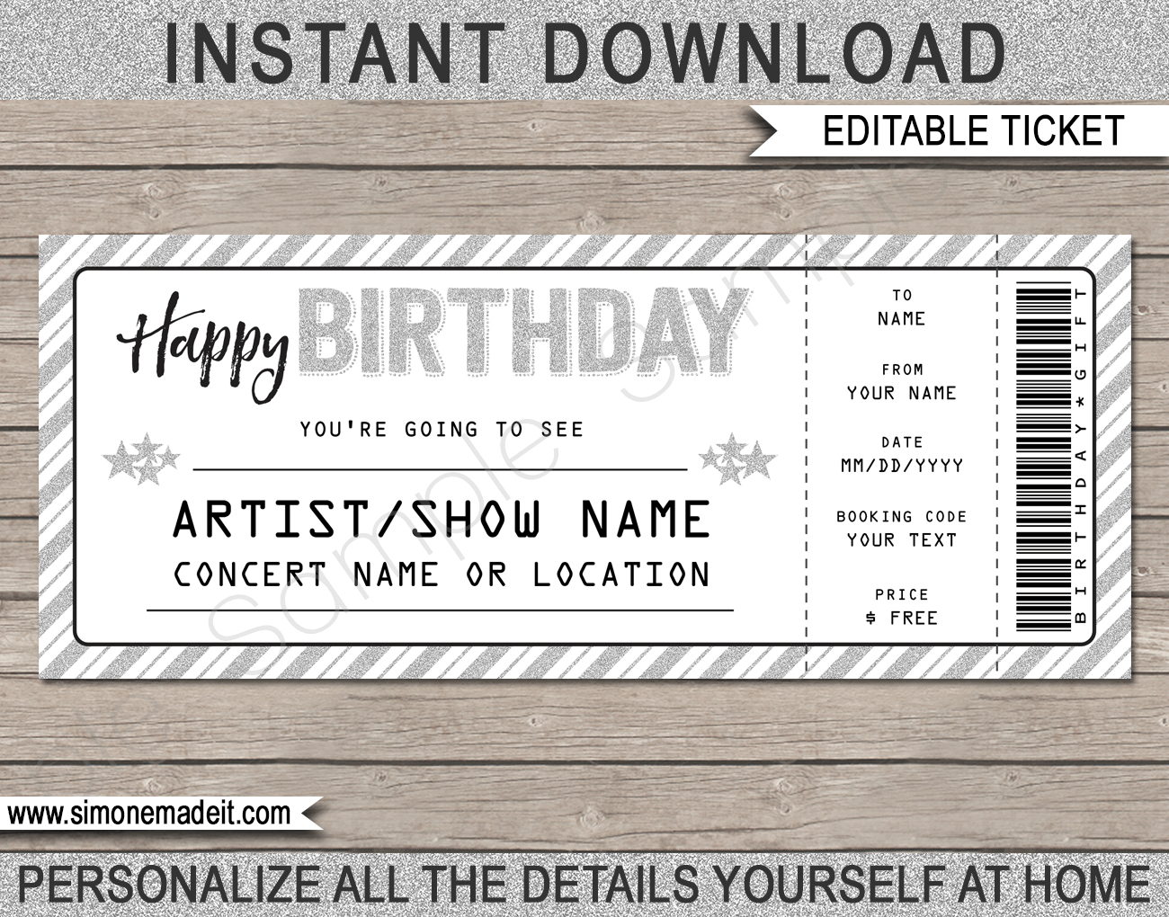 Printable Concert Ticket Template | Birthday Gift Voucher pertaining to Simone Made It Free Printables