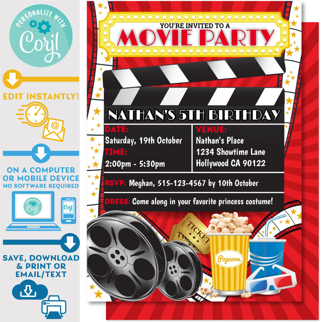 Printable Hollywood Movie Party Supplies | Movie Theme Party with regard to Free Printable Movie Themed Invitations