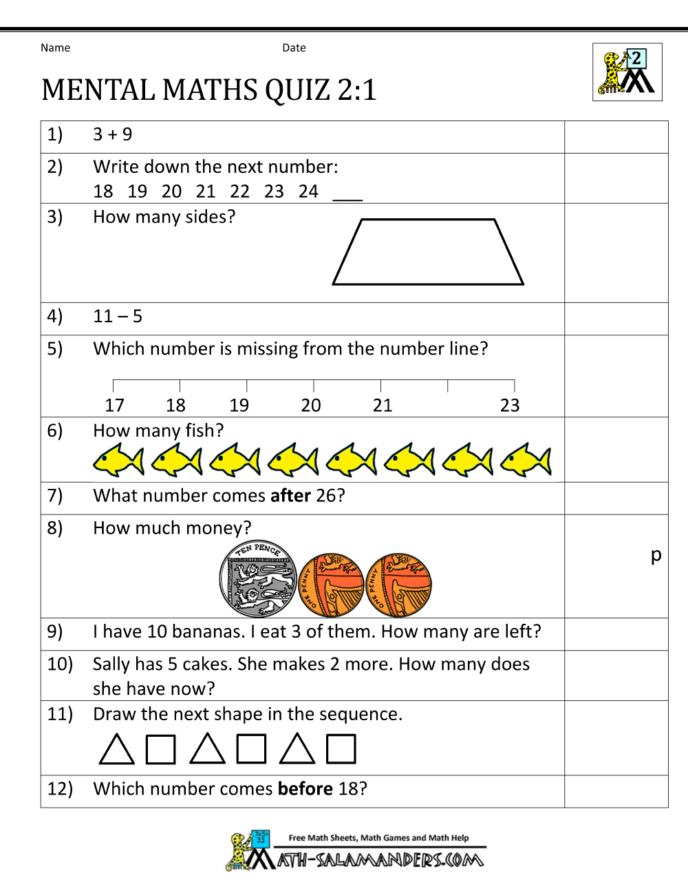 Printable Mental Maths Year 2 Worksheets in Year 2 Maths Worksheets Free Printable