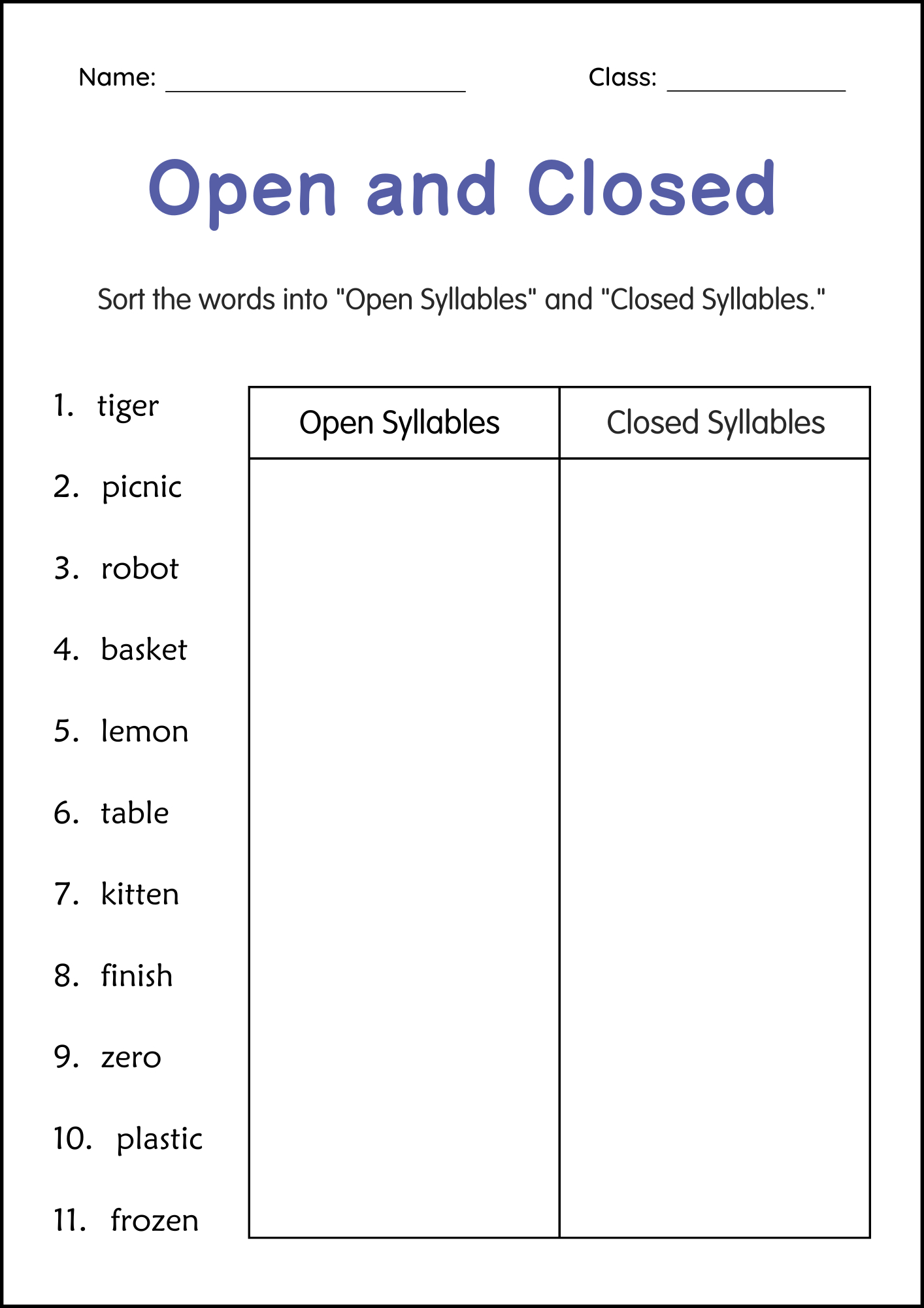 Printable Open And Closed Syllables Grammar Worksheets For Grade 1 throughout Free Printable Open And Closed Syllable Worksheets
