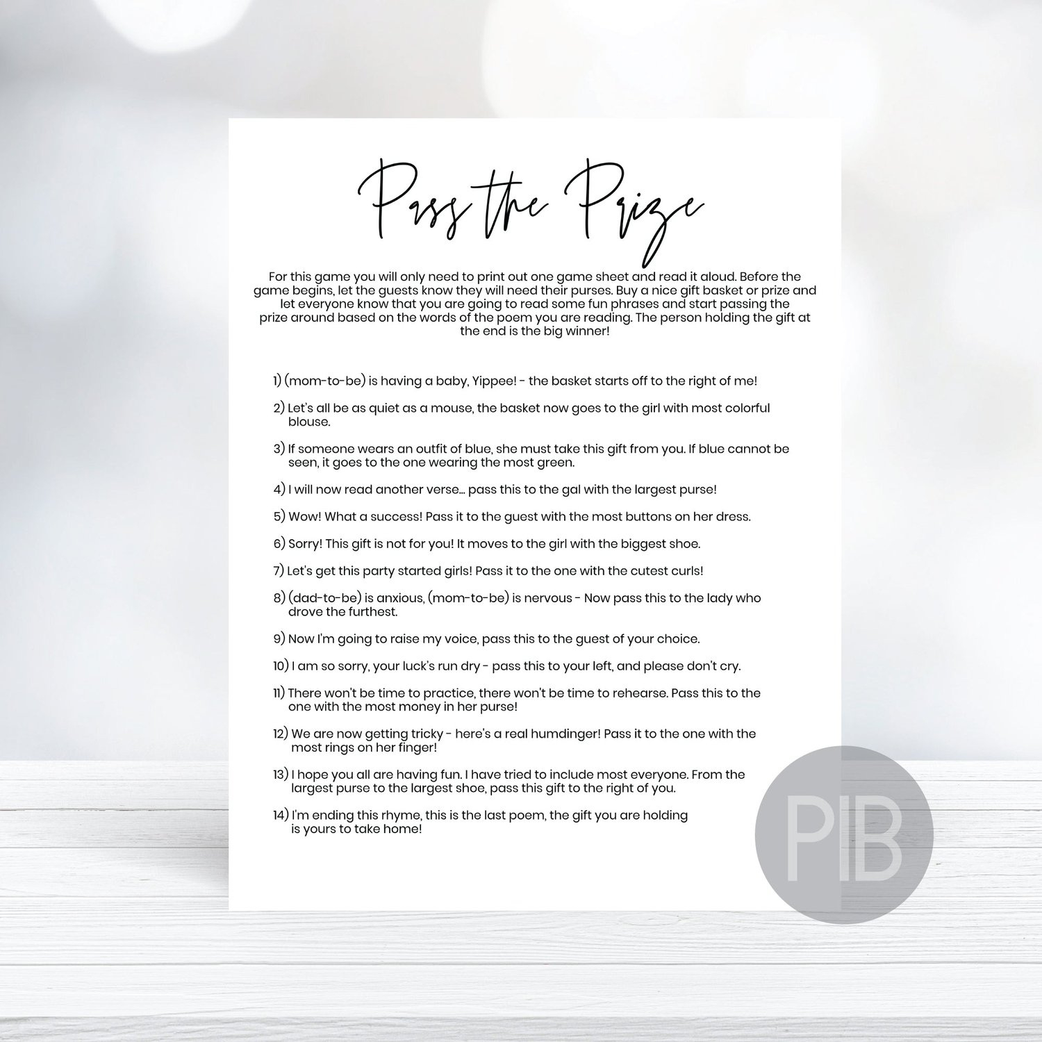 Printable Pass The Prize Baby Shower Game Minimalist Theme in Pass The Prize Baby Shower Game Free Printable